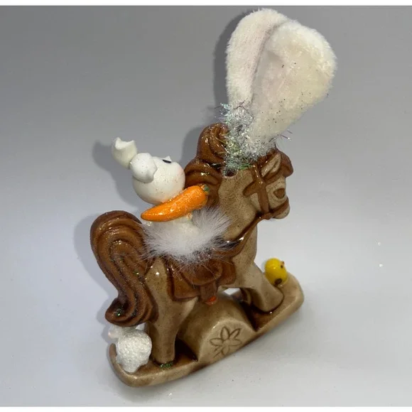 Vintage Ceramic Mini Rocking Horse Easter Bunny Chick Rider Faux Fur saddle OOAK - Picture 8 of 16